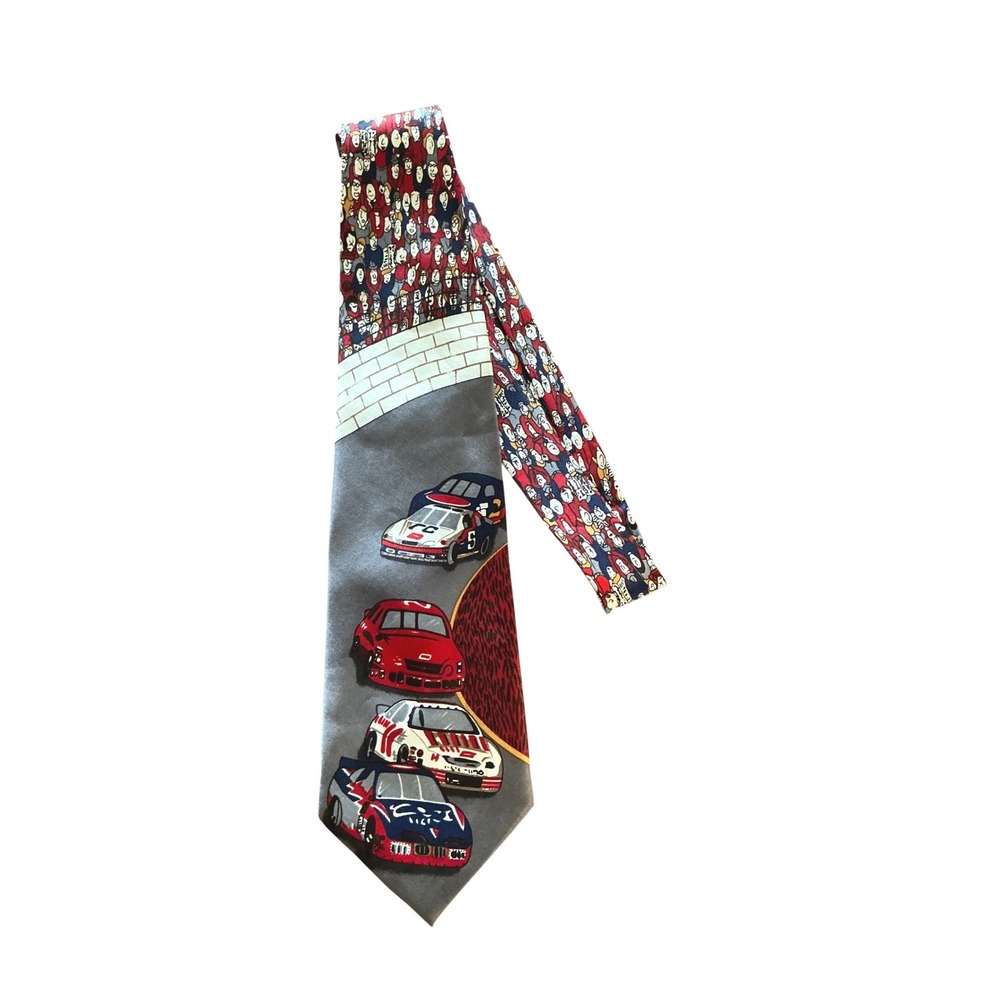 Vintage‎ Roberto Cellini Racing Cars Tie Novelty Race Track Crowd Tie Red Gray